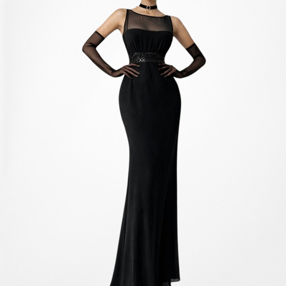 Vintage Y2K 90s Black Sequin Embellished Maxi Formal Cocktail Dress Size M